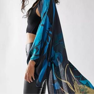 Free People Teal Blue Black OSFA Maxi Kimono